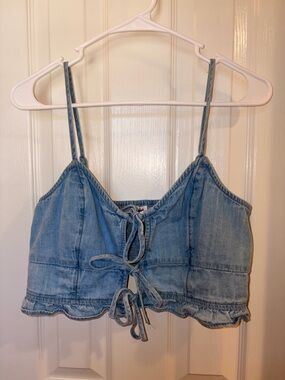 aerie Light Blue Denim Tie-Front Cropped Camisole